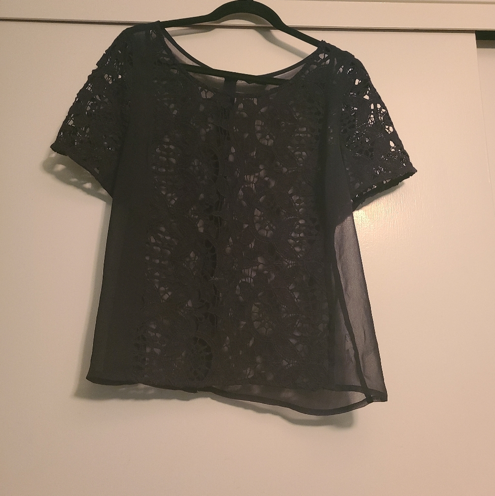 Black knit lace & sheer top